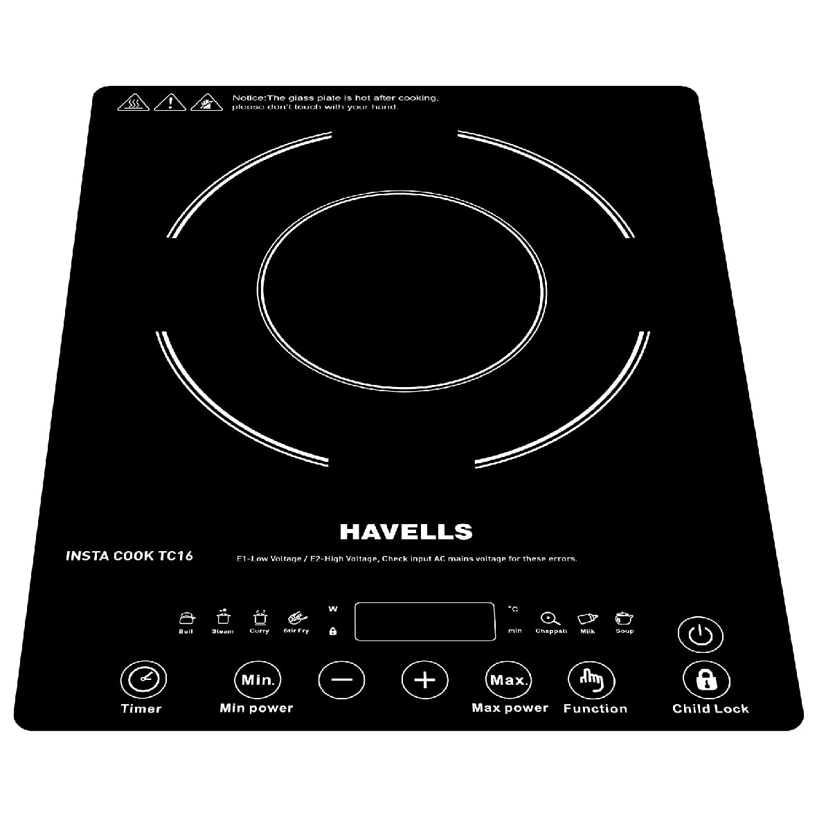 Havells Induction Glass Ceramic Cooktop Tc20 With 9 Cooking Modes Bis Approved 2000 Watt With 3 Year Coil Warranty - Black