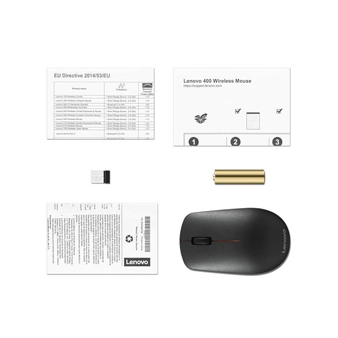 (Open Box) Lenovo 400 Wireless Mouse, 1200DPI Optical Sensor, 2.4GHz Wireless Nano USB, 3-Button (Left,Right,Scroll) Upto 8M Left/Right & 100K Scroll clicks & 1yr Battery, Ambidextrous, Ergonomic GY50R91293