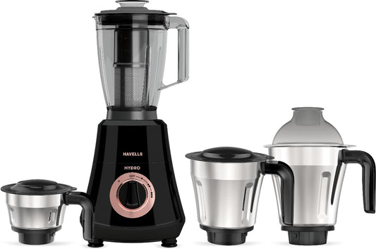 Havells Hydro Plus 1000 watt 4 Jar Mixer Grinder with Ball Bearing Motor, 22000 RPM, Wider mouth Stainless Steel Jar, Hands Free operation, SS-304 Grade Blade & 2 Yr Manufacturer Warranty