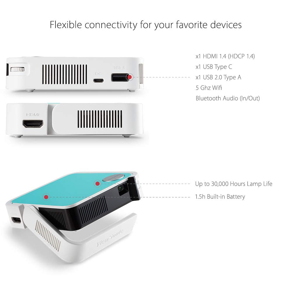 (Open Box) Viewsonic M1 Mini Portable Projector | Jbl Speaker | Hdmi | Auto Keystone |Built-in Battery |100" Projection Image 854 X 480 | 100 Lumen - White