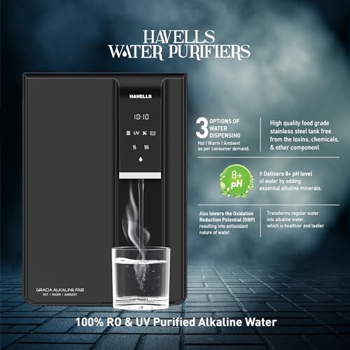 Havells Gracia Alkaline Water Purifier (Silver & Black), RO+UV+Alkaline, Hot, Warm & Ambient Water, Copper+Zinc, 8 Stage Purification, 7.5L SS Tank, Suitable for Borwell, Tanker & Municipal Water