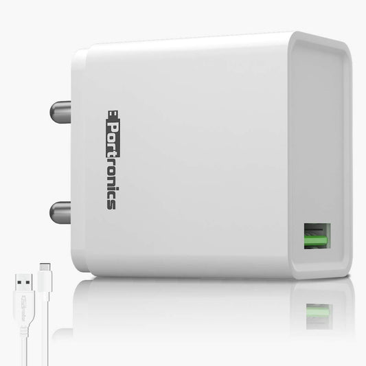 (Open Box)Portronics Adapto One,18W 3A Mach USB Charging Adaptor Comes with 1M Type C Cable Single Port Wall Charger for iPhone 11/Xs/Xs Max/Xr/X/8/7/6/Plus,Ipad Pro/Air 2/Mini 3/Mini 4,Samsung S4/S5,White