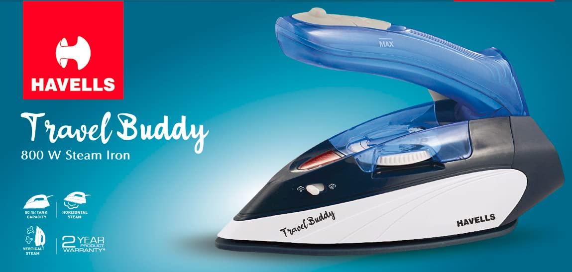 Havells Plastic Travel Buddy 800 Watt Steam Iron With Steam Burst, Cermanic Sole Plate, Foladable Handle, Horizontal & Vertical Steaming, 2 Years Warranty. (Blue Grey), 800 Watts