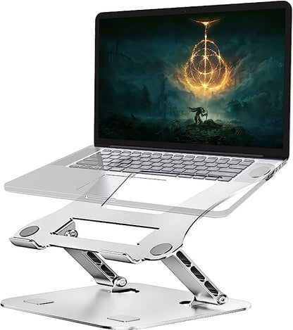 (Open Box) Dyazo Aluminum Laptop Stand Foldable Height Angle Adjustable Laptop Riser for Desk Compatible for MacBook, Lenovo, Dell Notebook up to 15.6 Inches 360 Rotating Base (Silver)