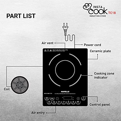 Havells Induction Glass Ceramic Cooktop Tc20 With 9 Cooking Modes Bis Approved 2000 Watt With 3 Year Coil Warranty - Black