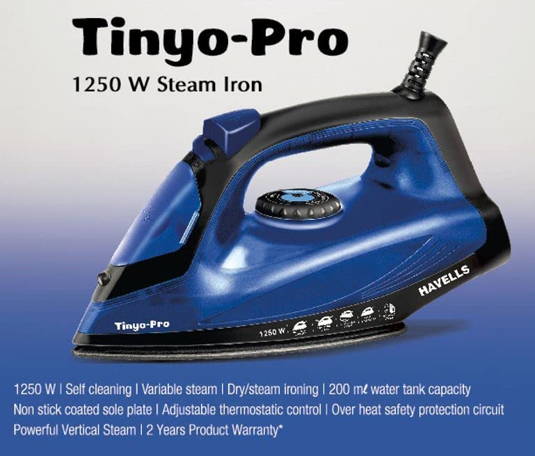 Havells Tinyo Pro 1250 Watt Steam Iron Press with Powerfull Steam Spray | Horizontal & Vertical Steaming Function | Self Clean | 2 Years Warranty (Blue)