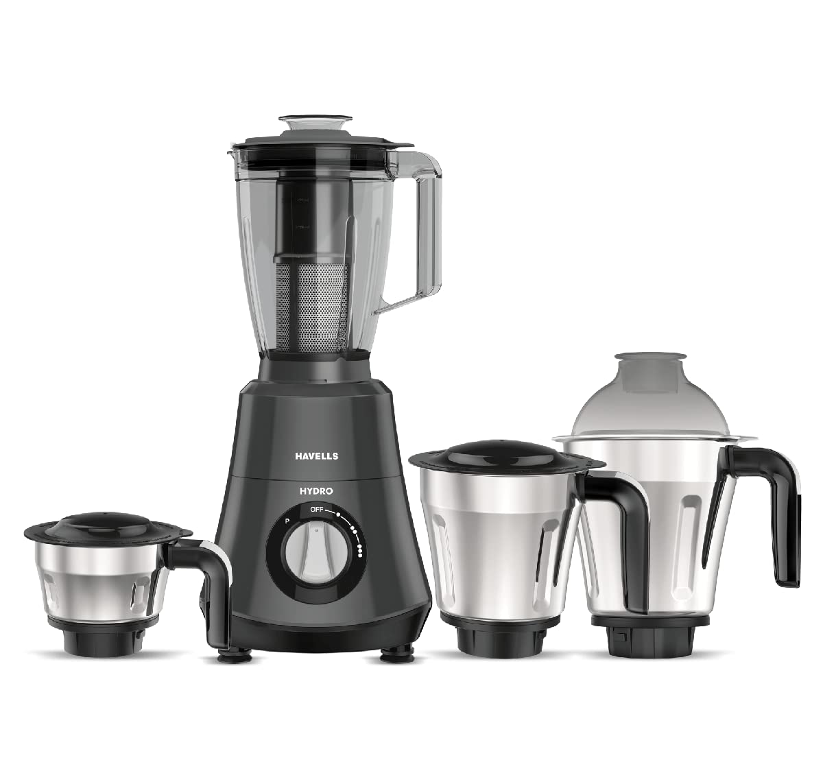 Havells Hydro 750 watt Mixer Grinder with 4 jar Wider mouth Stainless Steel Jar, Hands Free operation, SS-304 Grade Blade & 5 year motor warranty (black)