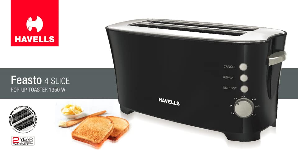 Havells Feasto 4S Pop Toaster - 1350 Watts (Black_Free Size)