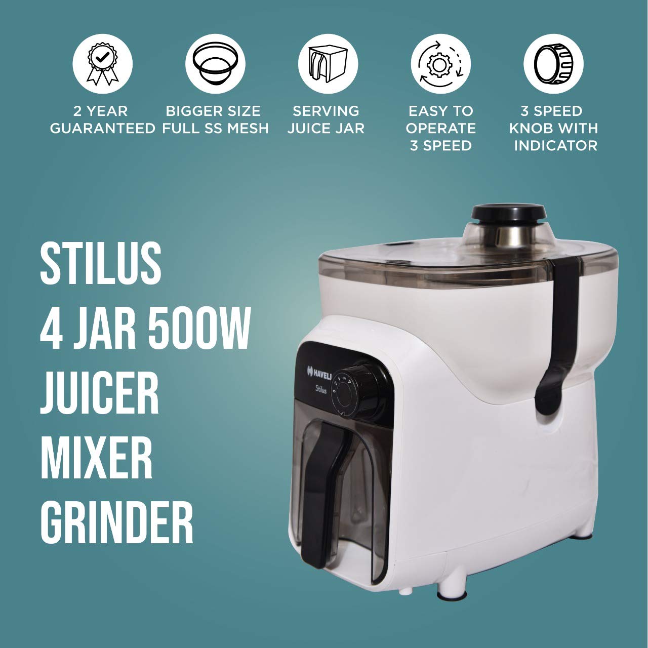 Havells Denso Heavy Duty 900 Watts 3 Jar Mixer Grinder | Ball Bearing Copper Motor | Large Break Resistant Alluminium Collar Jars with Flow Breaker | 2Yr Product & 5Yr Motor Manufacturer Warranty