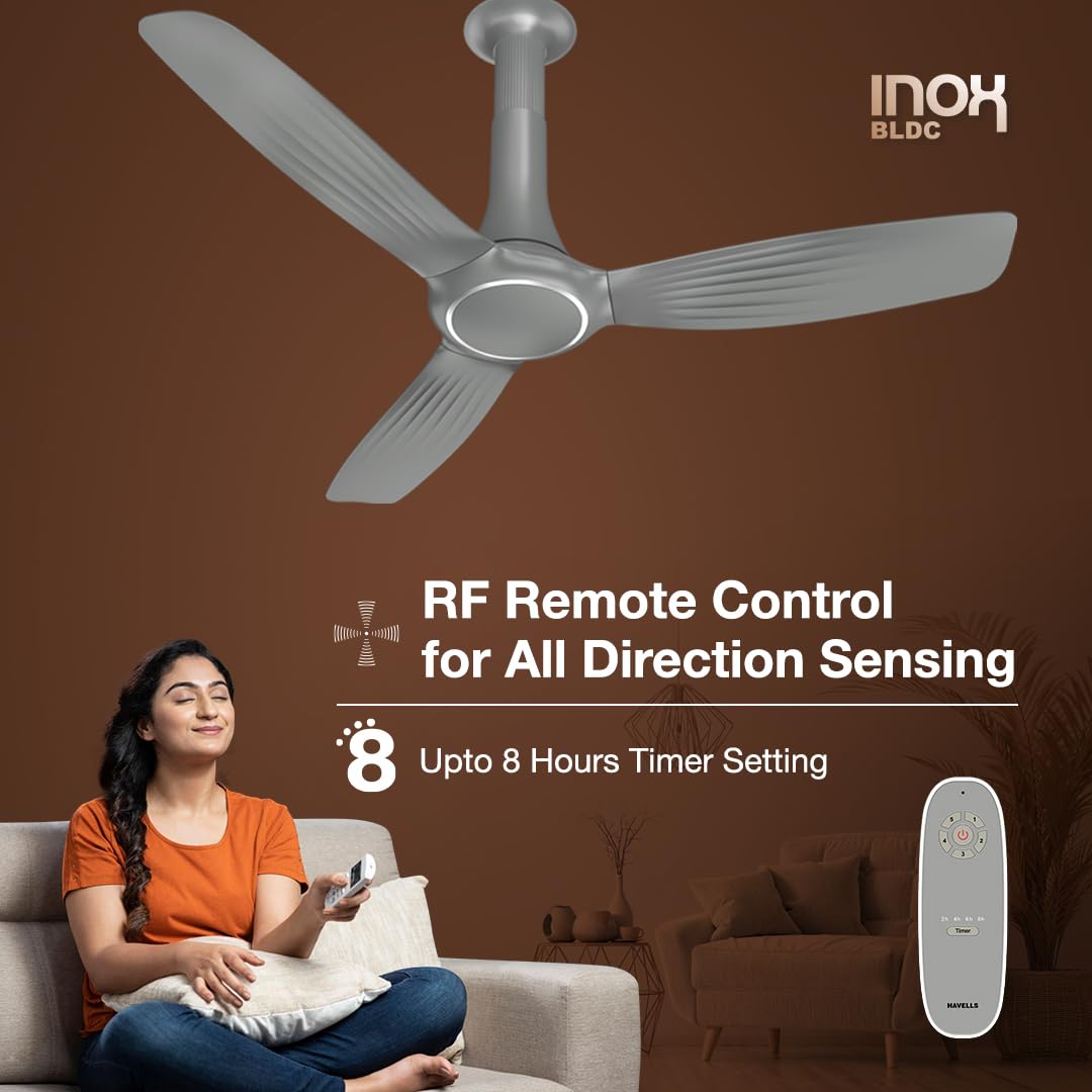 Havells 1200mm Inox BLDC Motor Ceiling Fan | Premium Look with RF Remote, 100% Copper, Upto 60% Energy Saving | Aerodynamic Ribbed Blades, Low Noise, Dust Resistant | (Pack of 1, Pearl White)