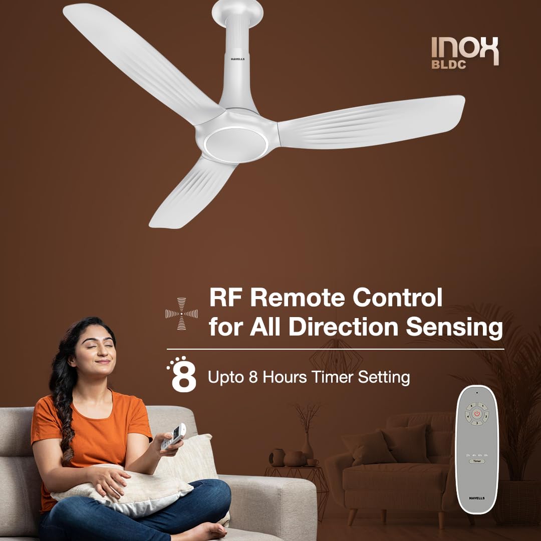 Havells 1200mm Inox BLDC Motor Ceiling Fan | Premium Look with RF Remote, 100% Copper, Upto 60% Energy Saving | Aerodynamic Ribbed Blades, Low Noise, Dust Resistant | (Pack of 1, Pearl White)