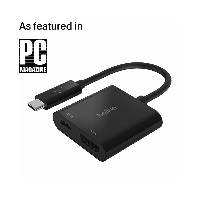 (Open Box) Belkin USB-C to HDMI Adapter + Charge (Supports 4K UHD Video, Pass-Through Power up to 60W for Connected Devices) HDMI Adapter- Black