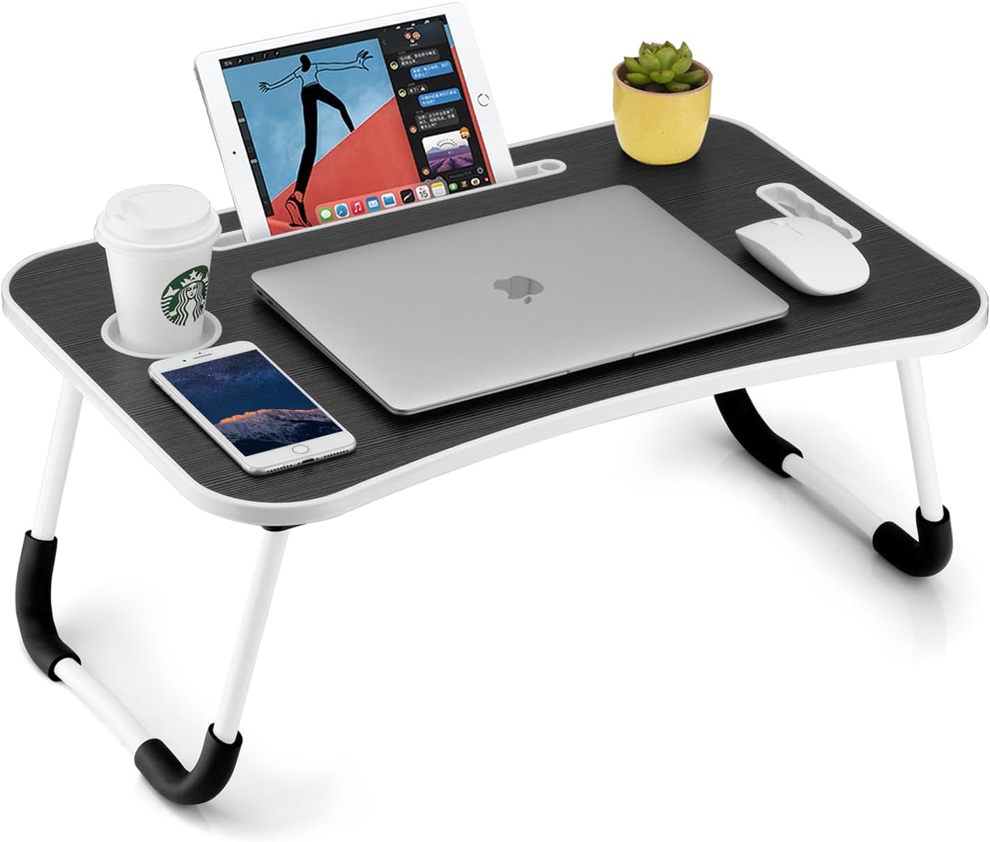 (Open Box) Callas Multipurpose Foldable Laptop Table with Cup Holder | Drawer | Mac Holder | Study Table, Breakfast Table, Foldable and Portable/Ergonomic & Rounded Edges/Non-Slip Legs (WA-27-Black) | Metal