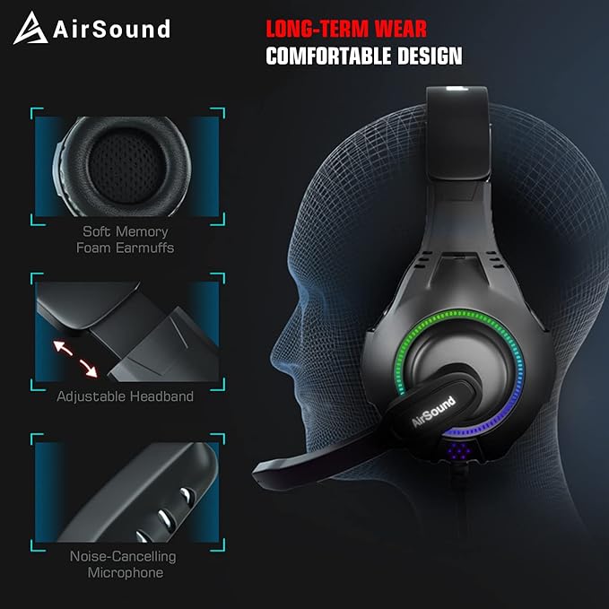 (Open Box) AirSound Alpha-5 Stereo Gaming Headset for Noise Cancelling Over-Ear Headphones with Mic, RBG LED, Bass Surround, Soft Memory Earmuffs for All Laptop