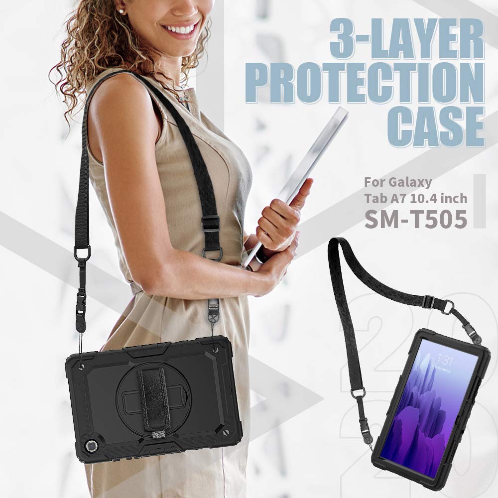 (Open Box) Robustrion Armor Full Body & Shock Proof PU Leather Case with 360 Rotating Hand Strap for Tablets Samsung Galaxy Tab A7 10.4"(26.4 cm) [SM-T500/T505/T507] 2020 - Black & Black