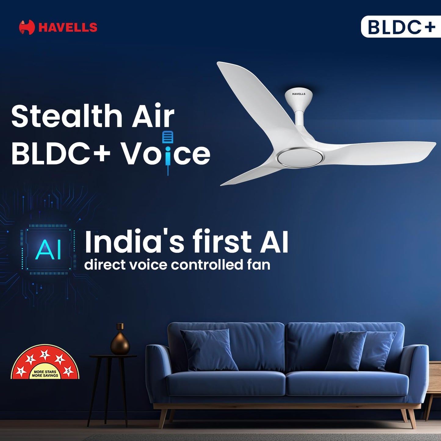 Havells 1200mm Stealth Air BLDC Ceiling Fan | Voice Controlled, Remote Controlled, High Air Delivery Fan, 5 Star Rated | Upto 60% Energy Saving, 2 Year Warranty | (Pack of 1, Pearl White)