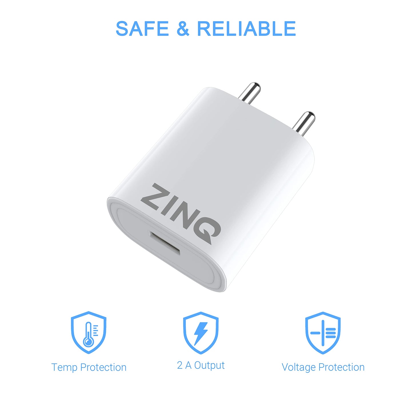 Zinq Technologies 2A Single Port Mobile Charger with 1Mtr USB Cable Included for Android Mobile, Laptop (Black)