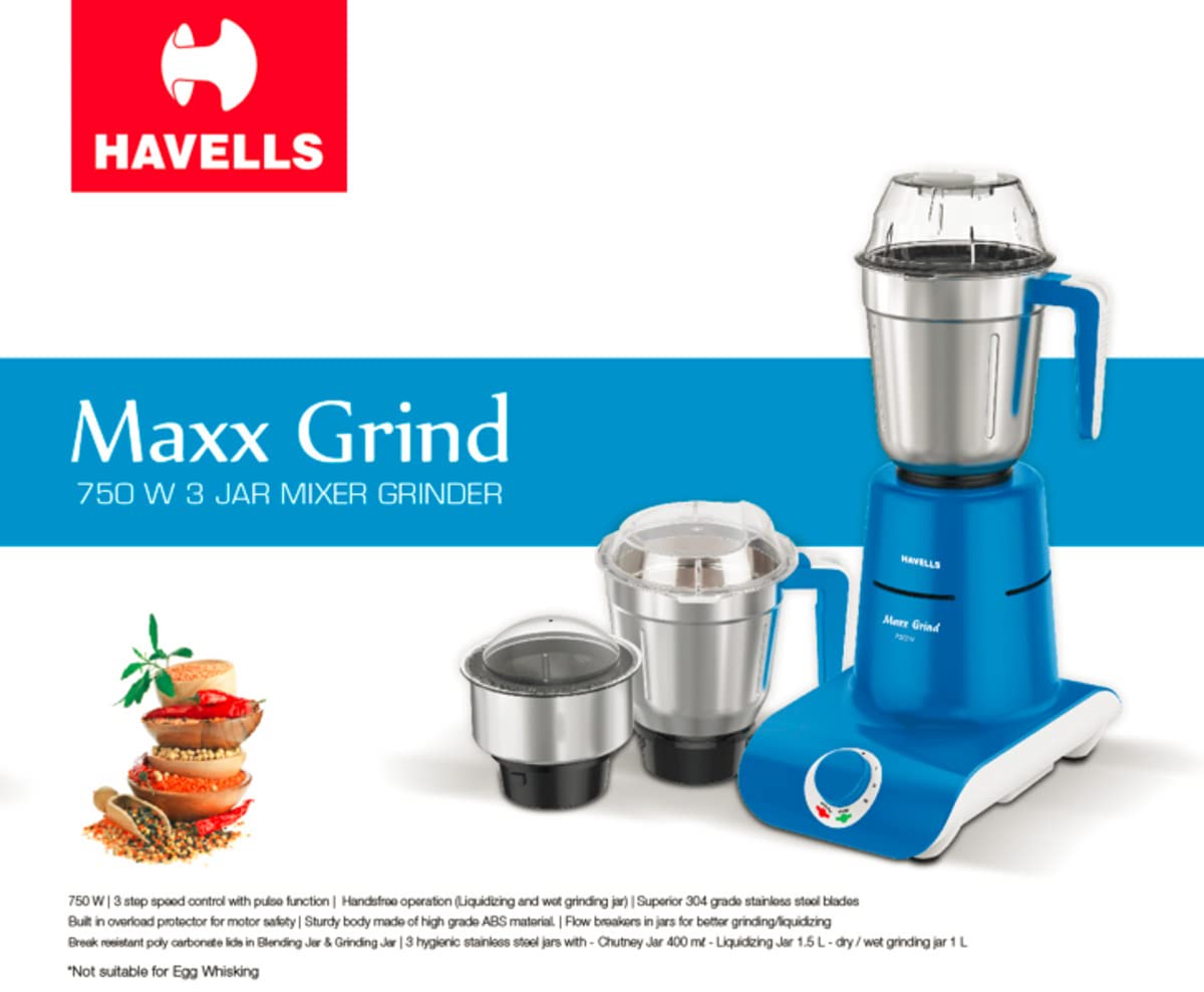 Havells Hydro Plus 1000 watt 4 Jar Mixer Grinder with Ball Bearing Motor, 22000 RPM, Wider mouth Stainless Steel Jar, Hands Free operation, SS-304 Grade Blade & 2 Yr Manufacturer Warranty