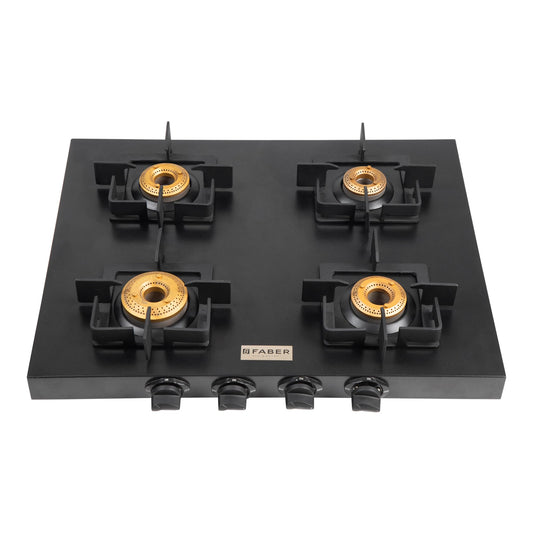 Faber Roma 4 Burner Gas Stove | 2.0.mm MS Frame Body with Diamond Coated Finish | 4 Brass Burners | Diamond Coated Pan Support & Drip Tray, Heat Resistant Metal Knobs, Manual Ignition, Black