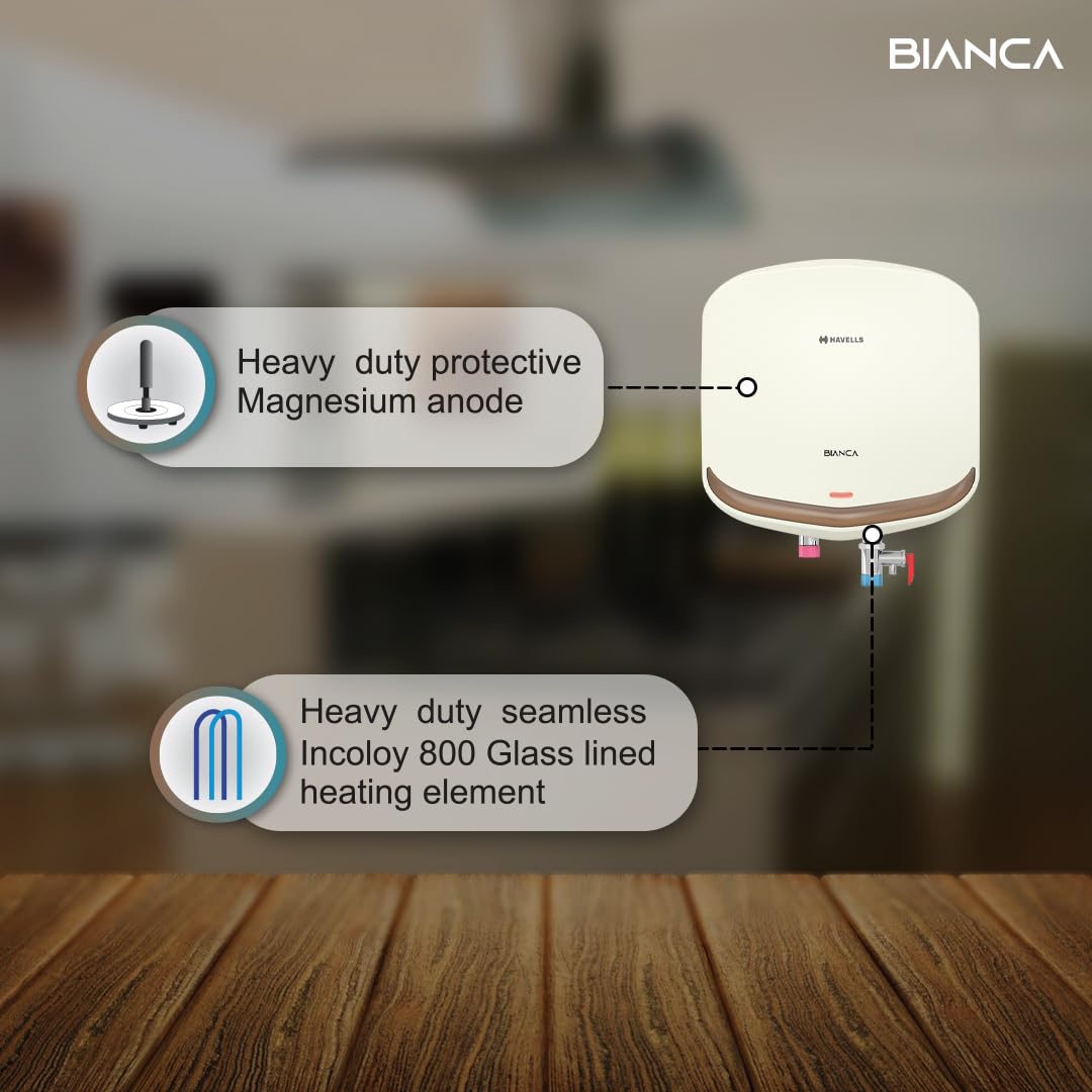 Havells Bianca 15 Litre Storage Wall Mount Water Heater | Temp. Knob, Glass Coated Tank, 5 Star Rated | Warranty: 7 Year On Tank, (Free Flexi Pipes, Installation & Shock Safe Plug) | (White)