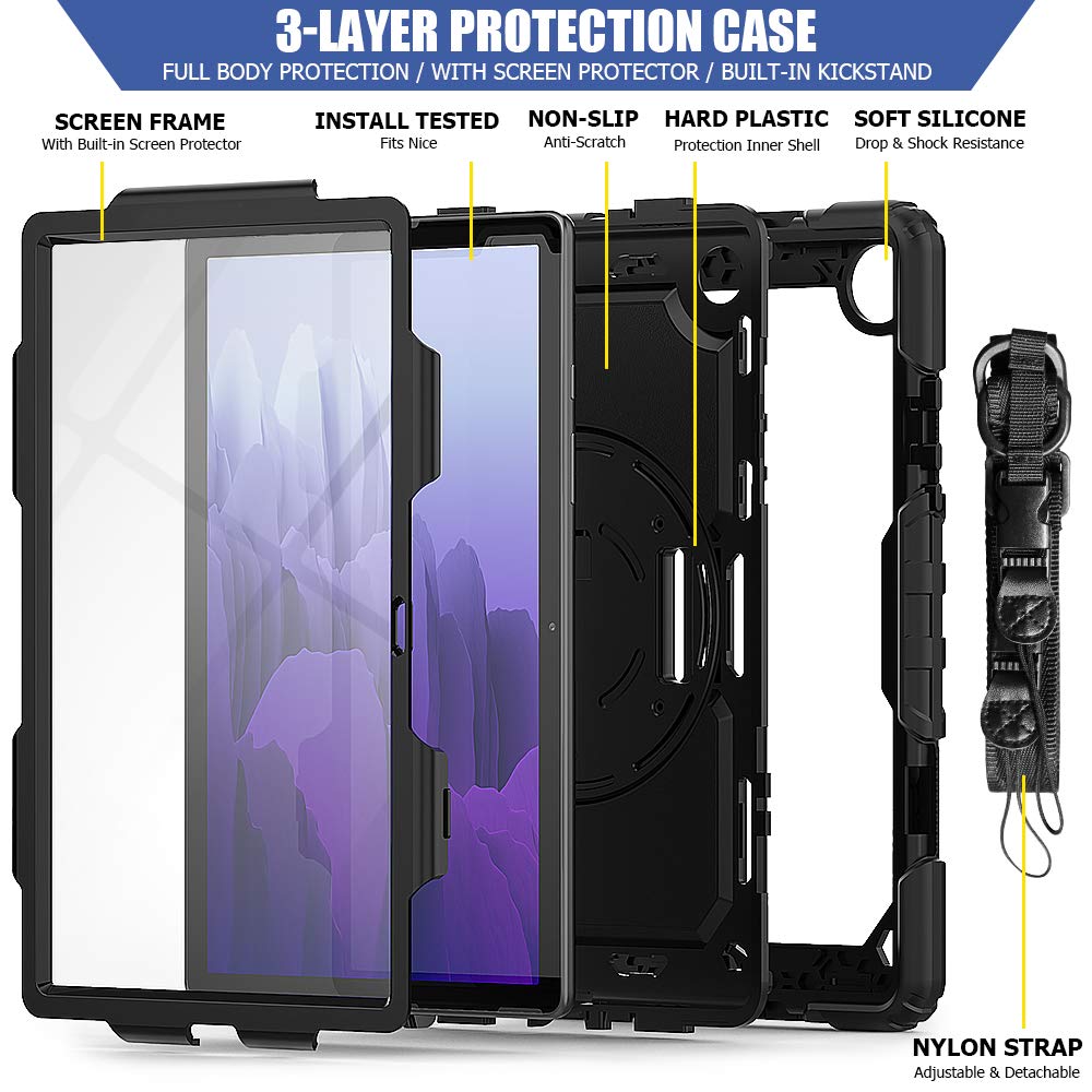 (Open Box) Robustrion Armor Full Body & Shock Proof PU Leather Case with 360 Rotating Hand Strap for Tablets Samsung Galaxy Tab A7 10.4"(26.4 cm) [SM-T500/T505/T507] 2020 - Black & Black