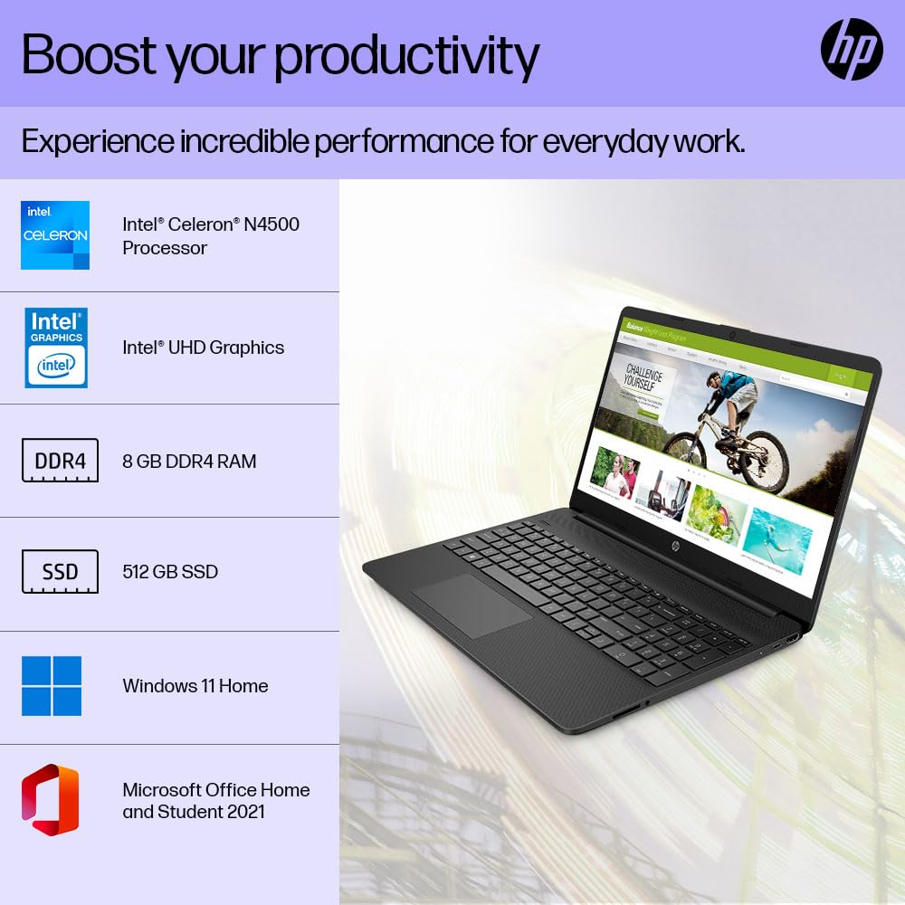 (BRAND REFURBISHED)HP Laptop 15s, Intel Celeron N4500, 15.6-inch (39.6 cm), HD, 8GB DDR4, 512GB SSD, Intel UHD Graphics, 720p HD Camera, Thin & Light, Dual Speakers (Win 11, Black, 1.65 kg), fq3066TU