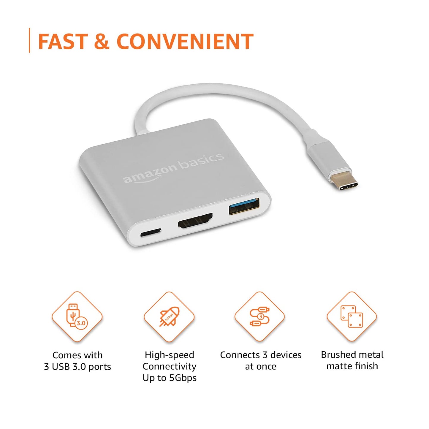 (Open Box) Amazon Basics 3 in 1 Type C USB Port Hub, Hd 4K Hdmi with Pd Charging, USB 3.0, Compact Extension Adapter, Aluminium Case (Grey)