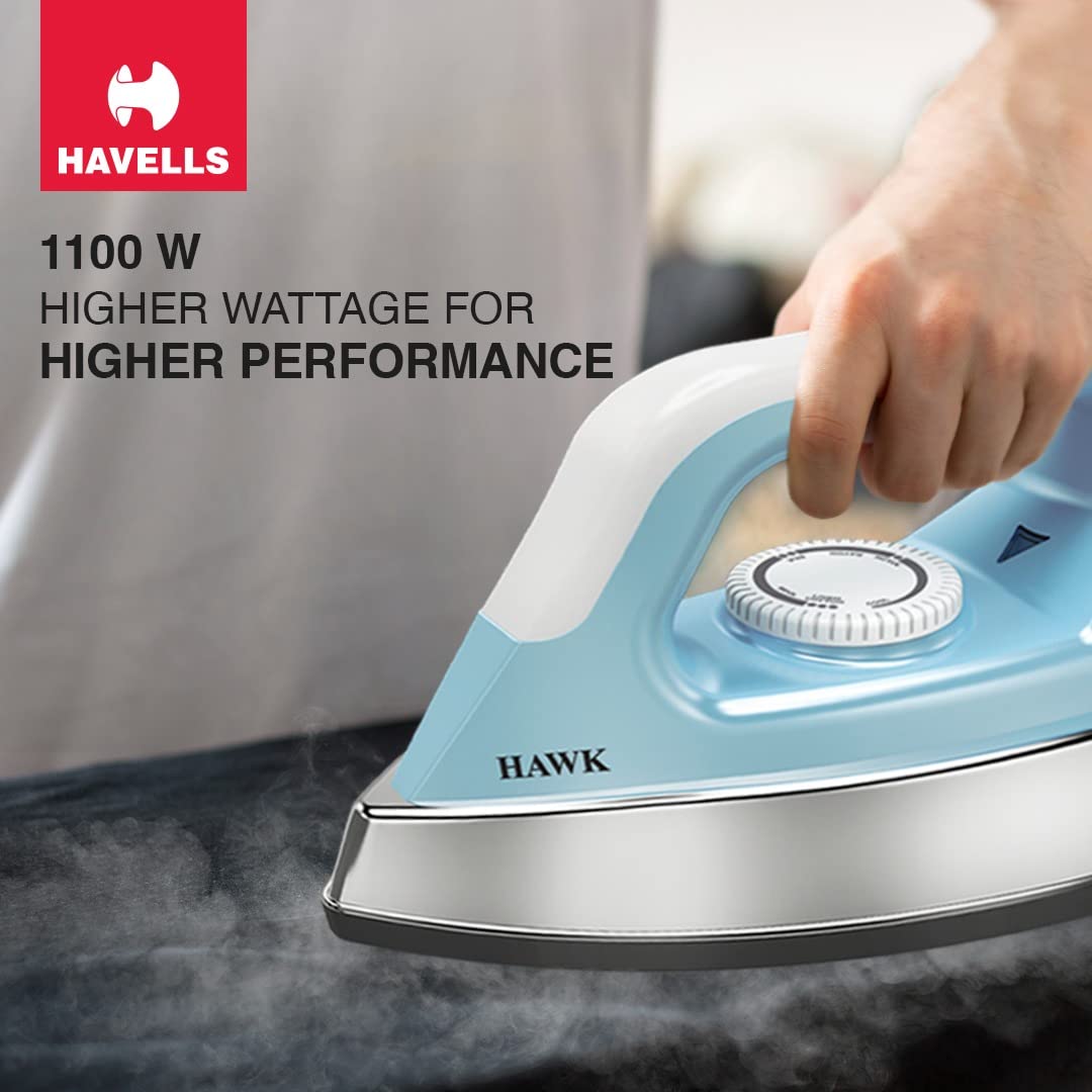 Havells ABS Hawk 1100 Watt Heavy Weight Dry Iron With American Heritage Non Stick Sole Plate, Aerodynamic Design, Easy Grip Temperature Knob & 2 Years Warranty. (Blue & White), 1100 Watts