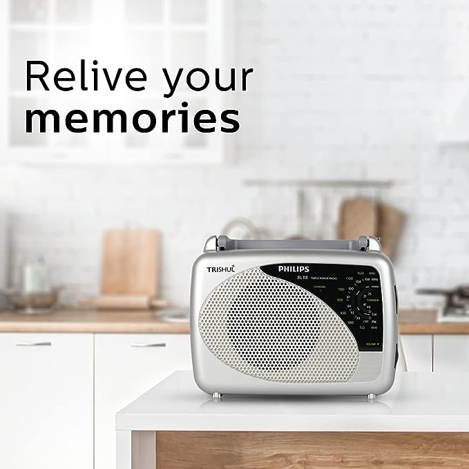 (Open Box) Philips Radio RL118/94 with MW/SW/FM Bands, 200mW RMS soundoutput,3-1 Power Source External Battery:2xR6 (3V DC), Mains: 230V AC/ 50 Hz, Built in Rechargeable Battery