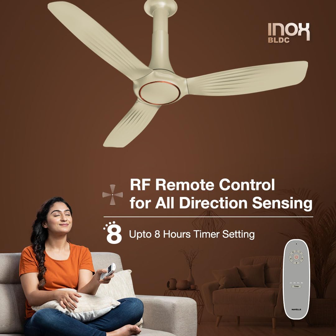 Havells 1200mm Inox BLDC Motor Ceiling Fan | Premium Look with RF Remote, 100% Copper, Upto 60% Energy Saving | Aerodynamic Ribbed Blades, Low Noise, Dust Resistant | (Pack of 1, Pearl White)