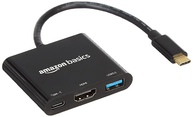 (Open Box) Amazon Basics 3-in-1 USB Type C Adapter with HDMI/USB 3.0 Port/Type-C Outputs