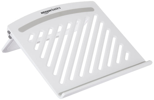 (Open Box) AmazonBasics Tabletop Foldable Laptop Stand for Desk, Portable Notebook Riser, Radiator Grill Design for Ventilation & Cooling for Laptops/Tablets Up to 15.6-Inches (White)