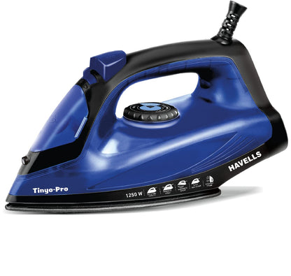 Havells Tinyo Pro 1250 Watt Steam Iron Press with Powerfull Steam Spray | Horizontal & Vertical Steaming Function | Self Clean | 2 Years Warranty (Blue)