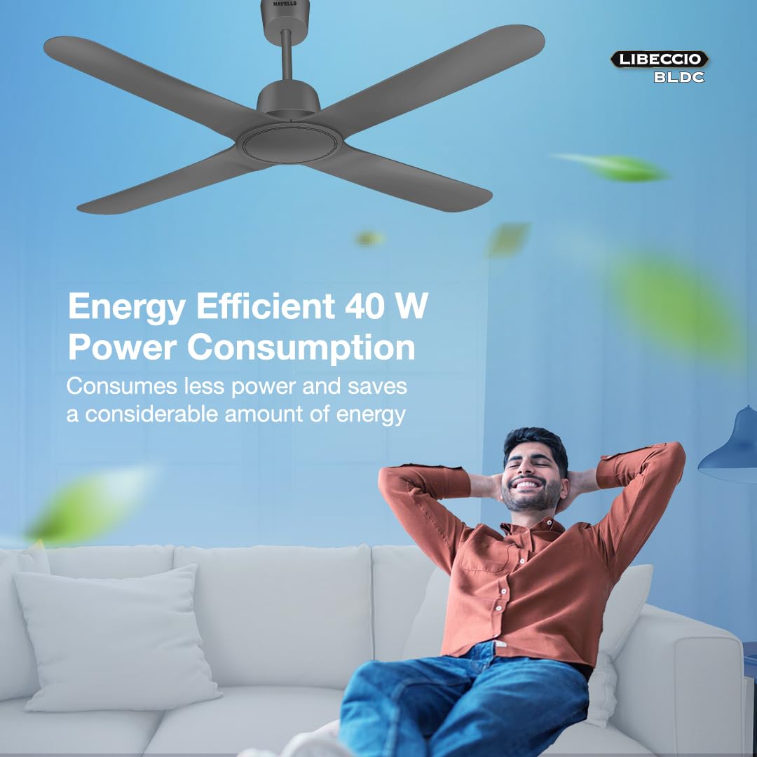 Havells 1200Mm Libeccio Bldc Motor Ceiling Fan|Premium Finish With Rf Remote, 100% Copper, Upto 60% Energy Saving|Low Noise: 55Db, 2 Year Warranty, Dust Resistant| 5 Stars