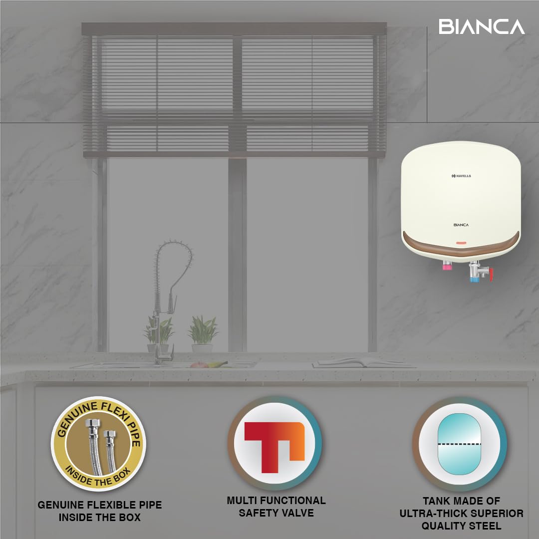 Havells Bianca 15 Litre Storage Wall Mount Water Heater | Temp. Knob, Glass Coated Tank, 5 Star Rated | Warranty: 7 Year On Tank, (Free Flexi Pipes, Installation & Shock Safe Plug) | (White)