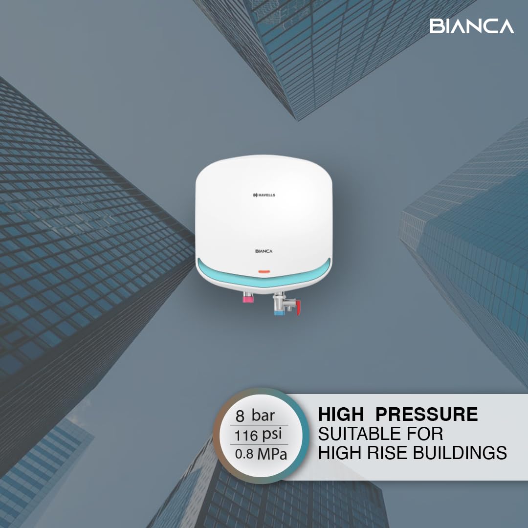 Havells Bianca 15 Litre Storage Wall Mount Water Heater | Temp. Knob, Glass Coated Tank, 5 Star Rated | Warranty: 7 Year On Tank, (Free Flexi Pipes, Installation & Shock Safe Plug) | (White)