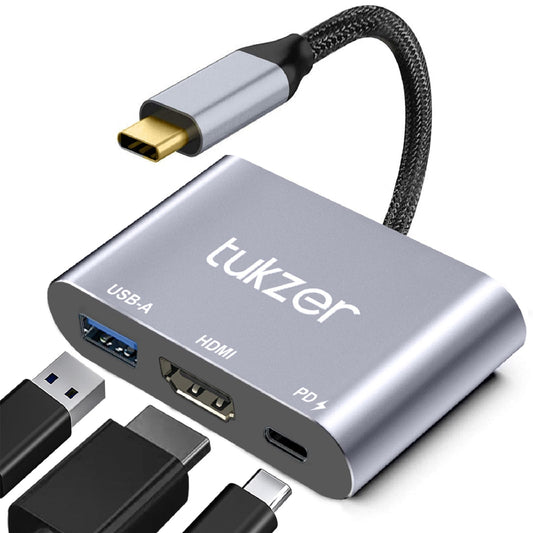 (Open Box) Tukzer 3-in-1 USB Type C to HDMI Adapter 4K@30Hz, 100W PD Fast Charging Port, USB A 3.0 @5Gbps Speed, MultiPort HUB for MacBook Pro Air, Windows, Laptop, iPad, Tablet, Smartphone & All Type C Devices