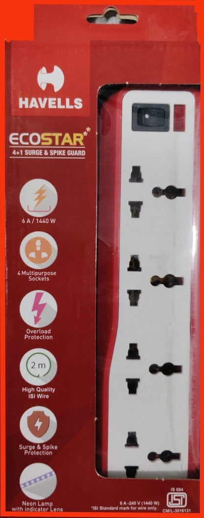 Havells EcoStar 4+1 Surge & Spike Guard with 2 Mtr. Wire