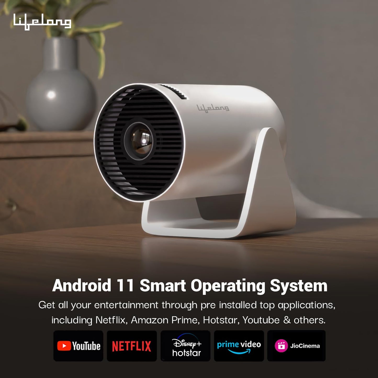 (Open Box) Lifelong Lightbeam Smart Projector for Home 4K Support, Native 720p HD Resolution, 2500 Lumen, Rotabable Design, Speaker, Android 11 with Built-in Apps (Netflix, Prime, Youtube) WiFi, 100''Max Display