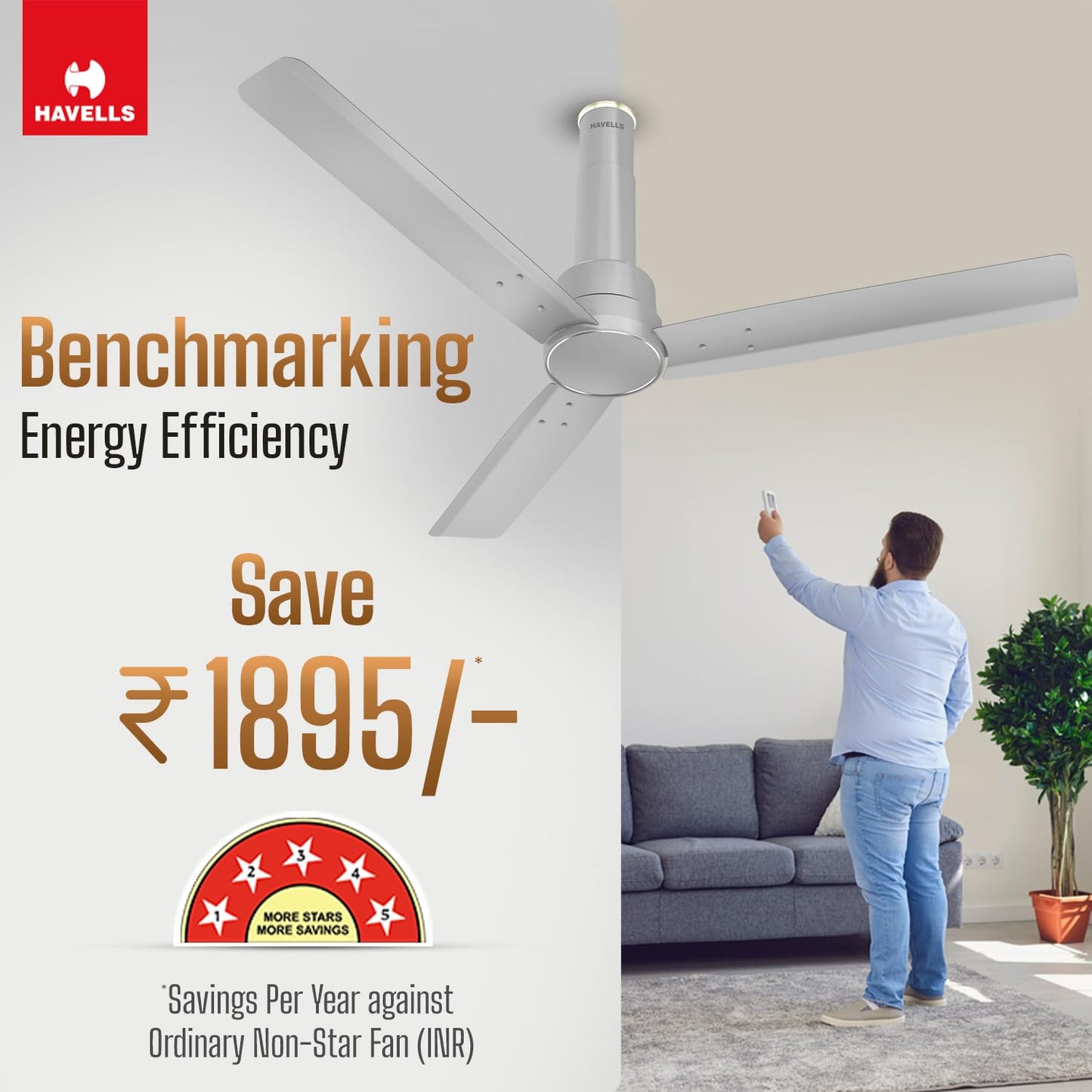 Havells 1200mm Elio BLDC Ceiling Fan | Remote Controlled, High Air Delivery Fan | 5 Star Rated, Upto 60% Energy Saving, 2+1* Year Warranty | (Pack of 1, Smoke Brown)