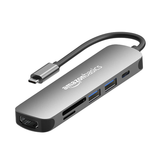 (Open Box) Amazon Basics 6-in-1 Hub Multiport Adapter, USB Type-C with Aluminium Shell, HDMI 4K, 1xUSB 3.0, 1xUSB 2.0, 60W PD, SD/TF Card Reader for MacBook Pro, MacBook Air, Type-C Devices