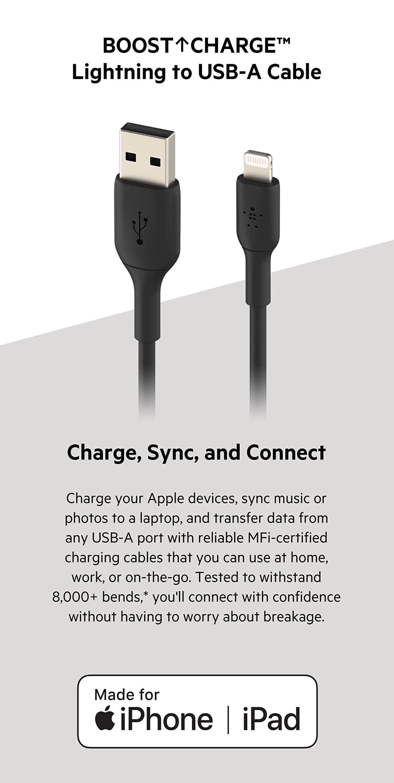 (Open Box) Belkin Apple Certified PVC Lightning to USB-A Charge and Sync Type A Cable, Tough and Durable, For iPhone, iPad, Air Pods, 3.3 Feet (1 Meter) - Black