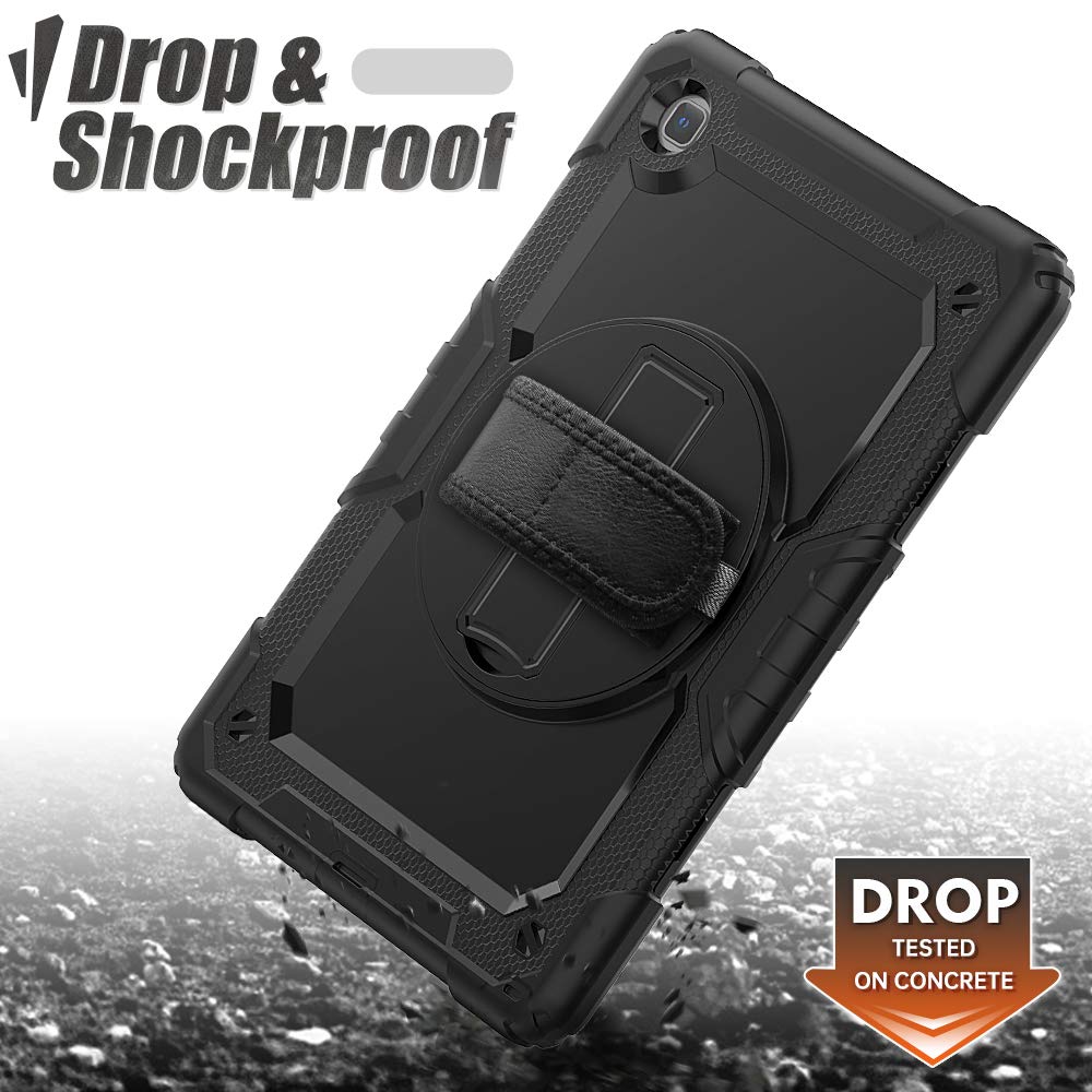 (Open Box) Robustrion Armor Full Body & Shock Proof PU Leather Case with 360 Rotating Hand Strap for Tablets Samsung Galaxy Tab A7 10.4"(26.4 cm) [SM-T500/T505/T507] 2020 - Black & Black