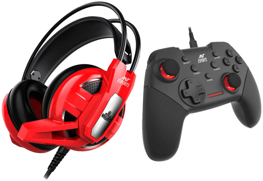 (Open Box) Ant Esports H520W Over-Ear Gaming Headset Red + GP100 Wired Game pad with Mic