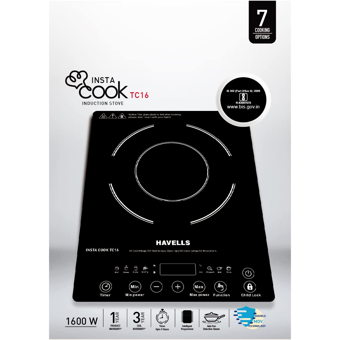 Havells Induction Glass Ceramic Cooktop Tc20 With 9 Cooking Modes Bis Approved 2000 Watt With 3 Year Coil Warranty - Black