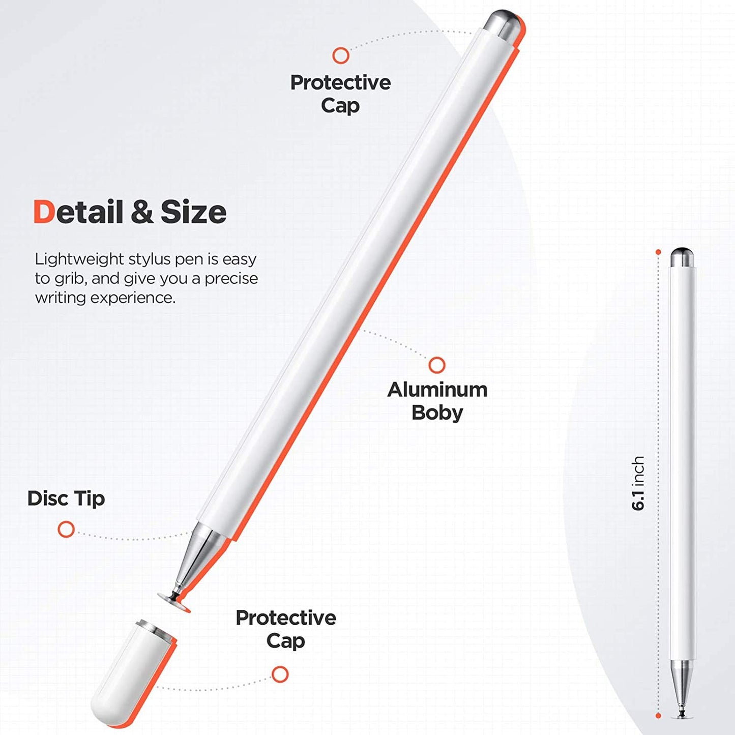 Dyazo Aluminium Fine Point Stylus Pen with Spare Disk for Touch Screens Devices, Compatible with iPad/iPhone/X/XR, Amazon Kindle and All Android/iOS Smart Phones and Tablets (White)