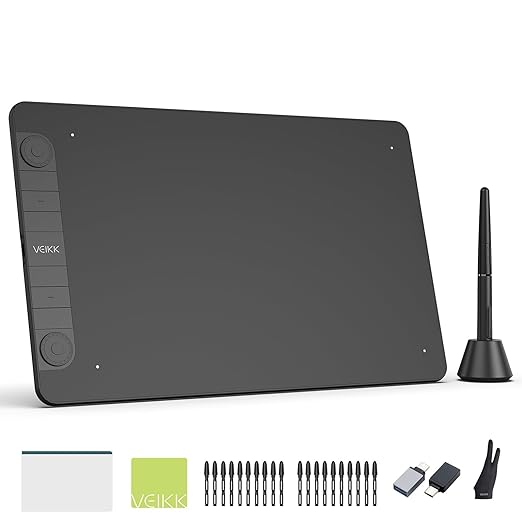 (Open Box) VEIKK VK1060PRO Drawing Tablet,10x6 inch/25.4 x15.24 cm Drawing Graphics Tablet, 2 Quick Dials,6 Express Keys, Battery-Free Stylus with Tilt Function, for Win Mac Chrome Linux Android OS (8192 Levels)