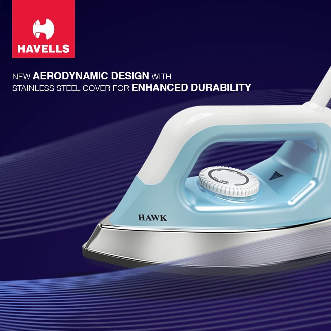 Havells ABS Hawk 1100 Watt Heavy Weight Dry Iron With American Heritage Non Stick Sole Plate, Aerodynamic Design, Easy Grip Temperature Knob & 2 Years Warranty. (Blue & White), 1100 Watts