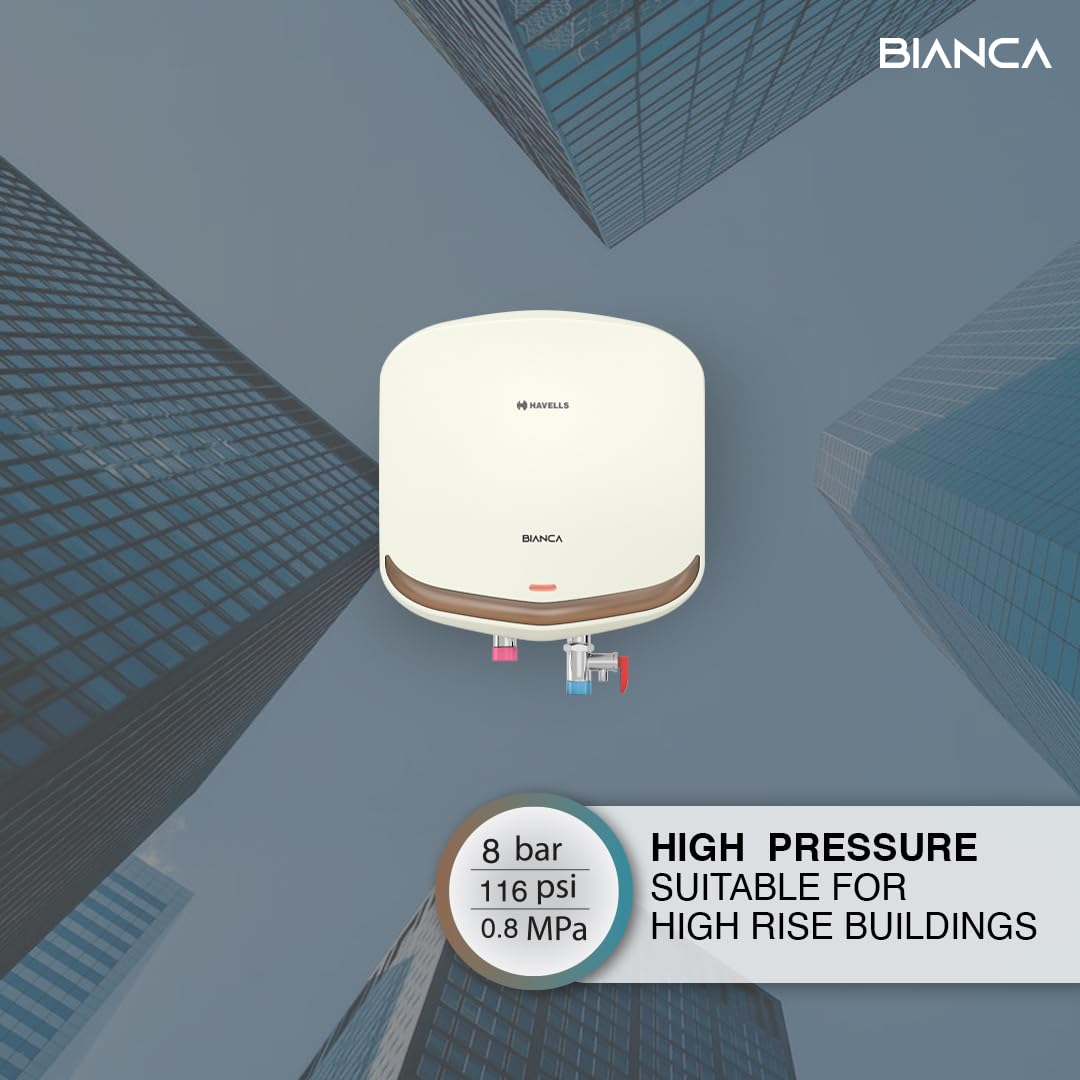 Havells Bianca 15 Litre Storage Wall Mount Water Heater | Temp. Knob, Glass Coated Tank, 5 Star Rated | Warranty: 7 Year On Tank, (Free Flexi Pipes, Installation & Shock Safe Plug) | (White)