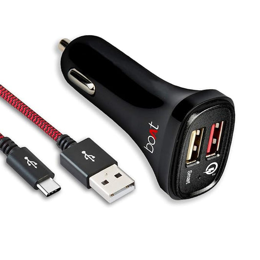 (Open Box) boAt Dual Port Rapid 120V Car Charger (Qualcomm Certified) Smart Charging for Cellular Phones with Quick Charge 3.0 + Free Type C USB Cable Black